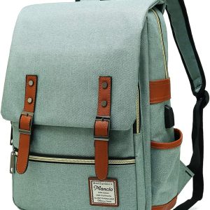 Mancio Vintage Laptop Backpack with USB Charging Port, Slim Tear Resistant Business Backpack for Travelling, College, Casual Daypacks for Men,Women, Fits up to 15.6Inch Notebook, Green